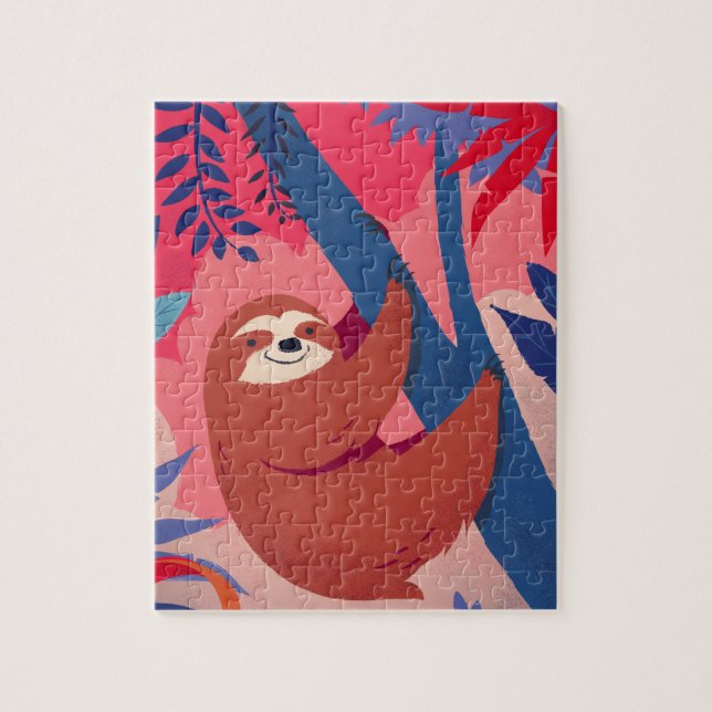 Adorable Sloth in Pink Colourful Jungle Jigsaw Puzzle (Vertical)