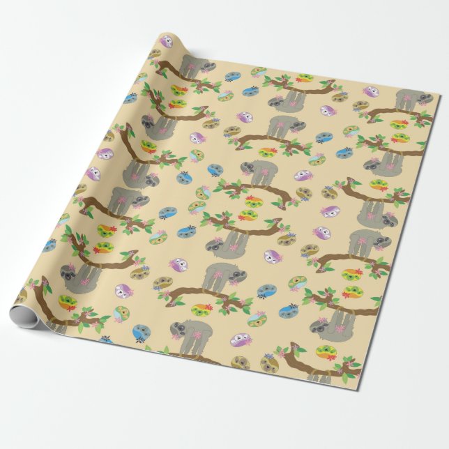 Adorable Sloth Pattern Wrapping Paper (Unrolled)