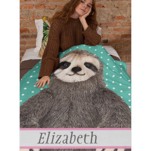Adorable Sloth Teal Name Kids Animal Fleece Blanket
