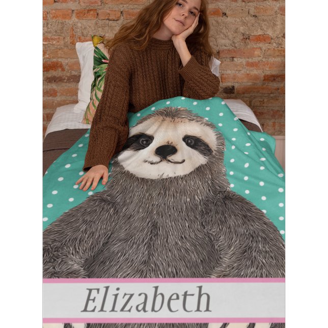 Adorable Sloth Teal Name Kids Animal  Fleece Blanket (Creator Uploaded)
