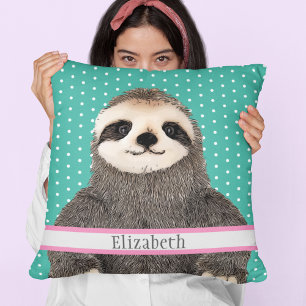 Adorable Sloth Teal Name Kids Room Animal Cushion