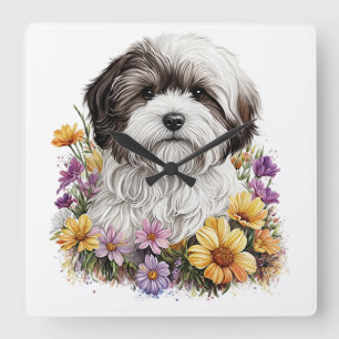 ADORABLE SMALL SHIH TZU DOG WITH FLOWERS SQUARE WALL CLOCK