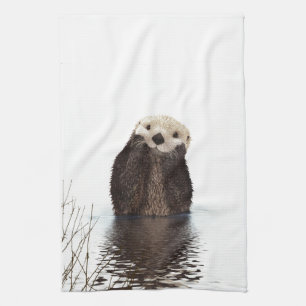Adorable Smiling Otter in Lake Tea Towel