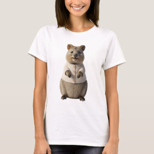 Adorable Smiling Quokka in Cream Cardigan T-Shirt