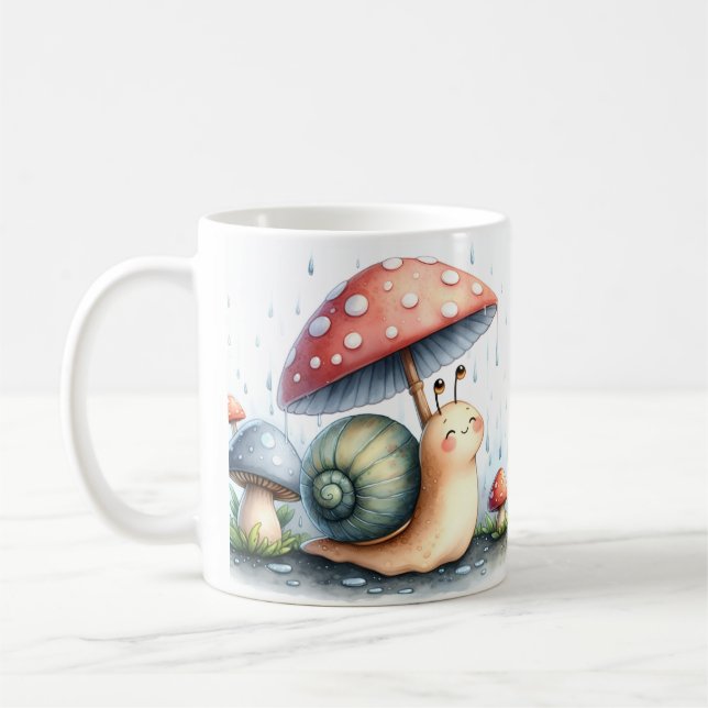 Adorable snail Under Mushroom Umbrella Coffee Mug (Left)