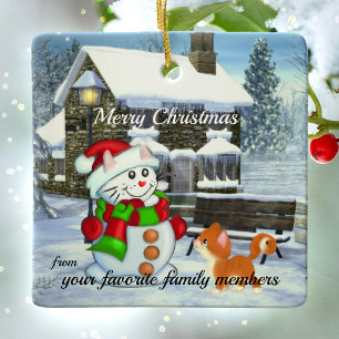 Adorable Snow Cat Christmas Ceramic Ornament