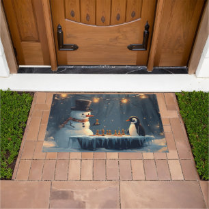 Adorable Snowman and Penguin Playing Chess Doormat