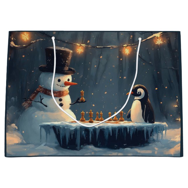 Adorable Snowman and Penguin Playing Chess Large Gift Bag (Front)
