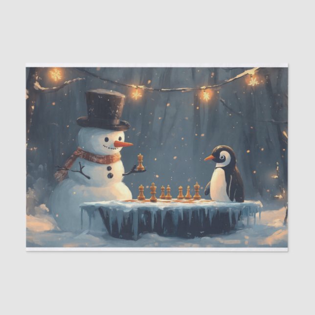 Adorable Snowman and Penguin Playing Chess Tissue Paper (Front)