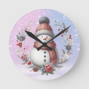 Adorable Snowman Christmas Wreath Round Clock