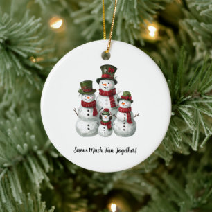 Adorable Snowman Family in Matching Hats & Scarves Ceramic Ornament