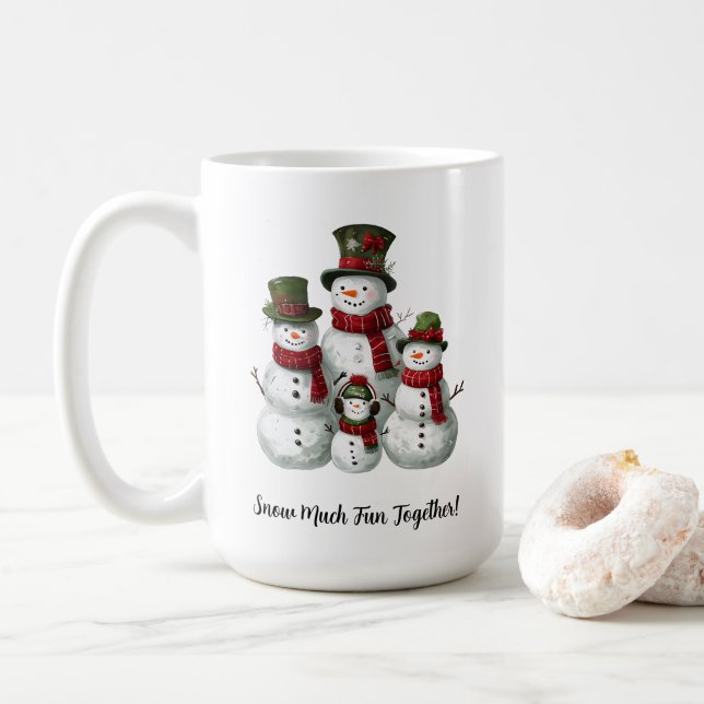 Adorable Snowman Family in Matching Hats & Scarves Coffee Mug (With Donut)