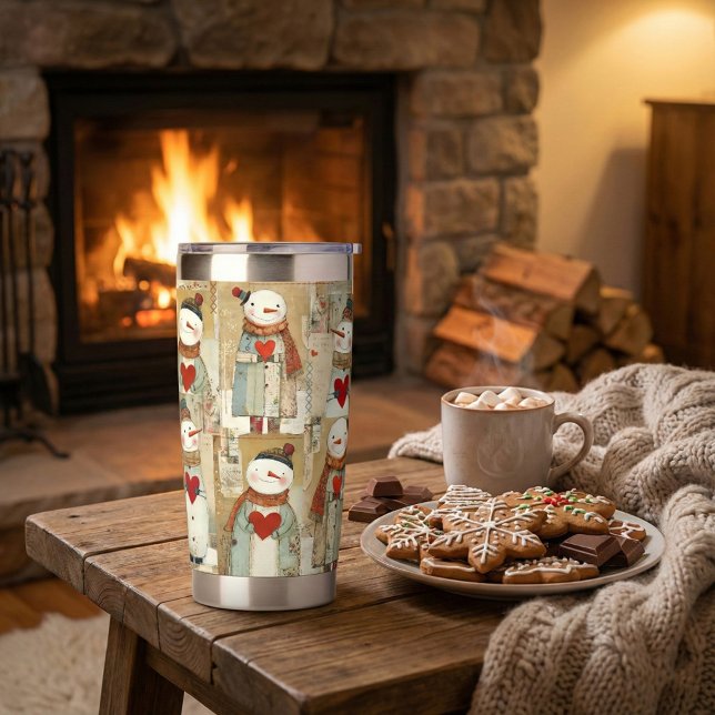 Adorable Snowman Hearts Winter Insulated Tumbler (Insulated tumbler featuring a whimsical pattern with snowmen carrying warm red heart)