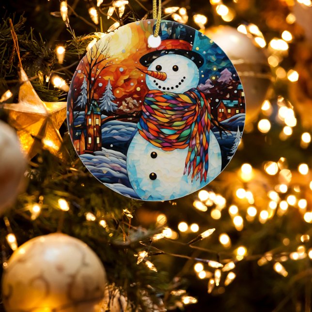 Adorable Snowman Stained Glass Christmas Ceramic Ornament (Creator Uploaded)