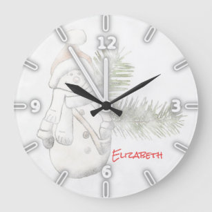 Adorable Snowman Wiith Santa Hat -Personalised Large Clock