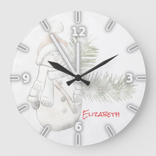 Adorable Snowman Wiith Santa Hat -Personalised Large Clock (Front)