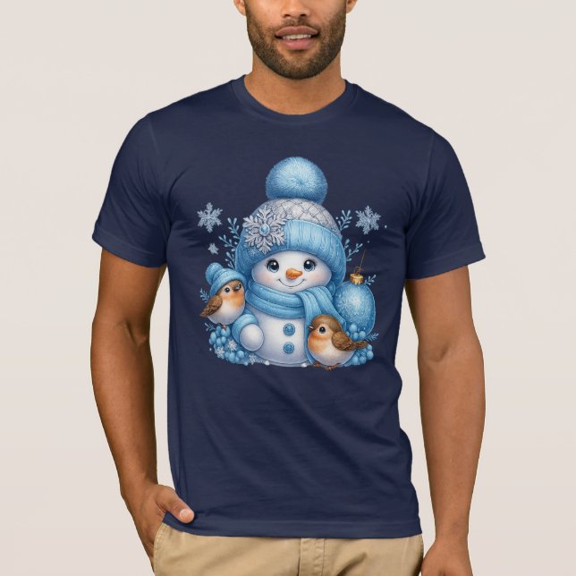 Adorable Snowman With Robins Xmas Tee (Front)