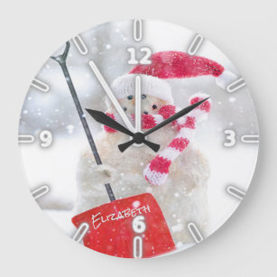 Adorable Snowman With Santa Hat -Personalised Large Clock
