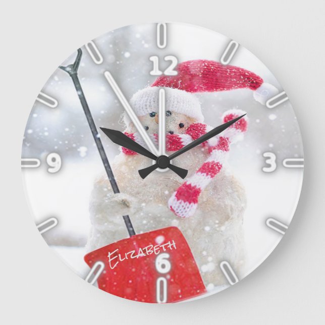Adorable Snowman With Santa Hat -Personalised Large Clock (Front)