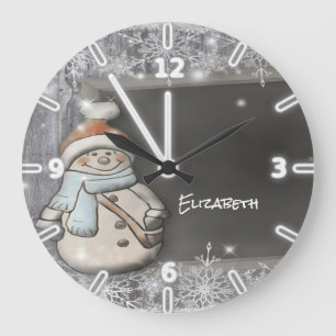 Adorable Snowman With Santa Hat,Snowflakes Large Clock