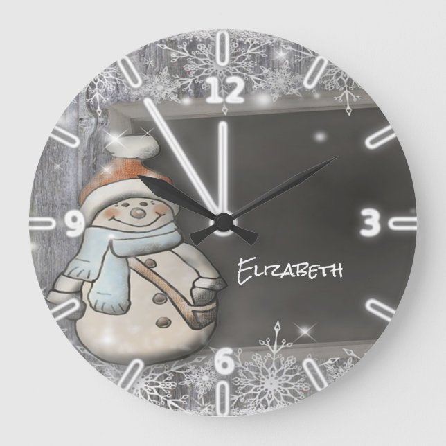 Adorable Snowman With Santa Hat,Snowflakes Large Clock (Front)