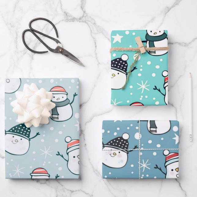 Adorable Snowmen and Snowflakes Christmas Wrapping Paper Sheet (Front)