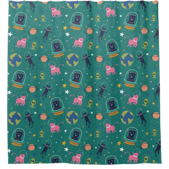 Adorable Space Cats Pattern Shower Curtain (Front)