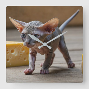 Adorable Sphynx Kitten and Cheese Square Wall Clock