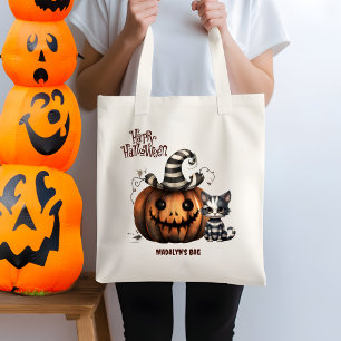 Adorable Spooky Black and White Halloween Kitten Tote Bag
