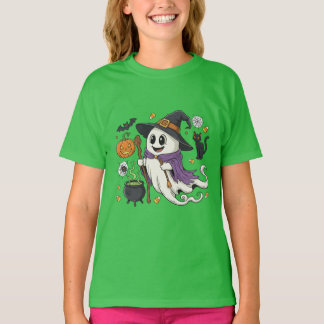 Adorable Spooky Ghost Witch with Pumpkin & Black C T-Shirt