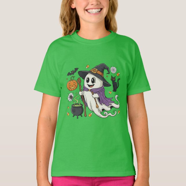 Adorable Spooky Ghost Witch with Pumpkin & Black C T-Shirt (Front)