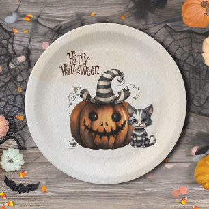 Adorable Spooky Halloween Black n' White Kitten  Paper Plate