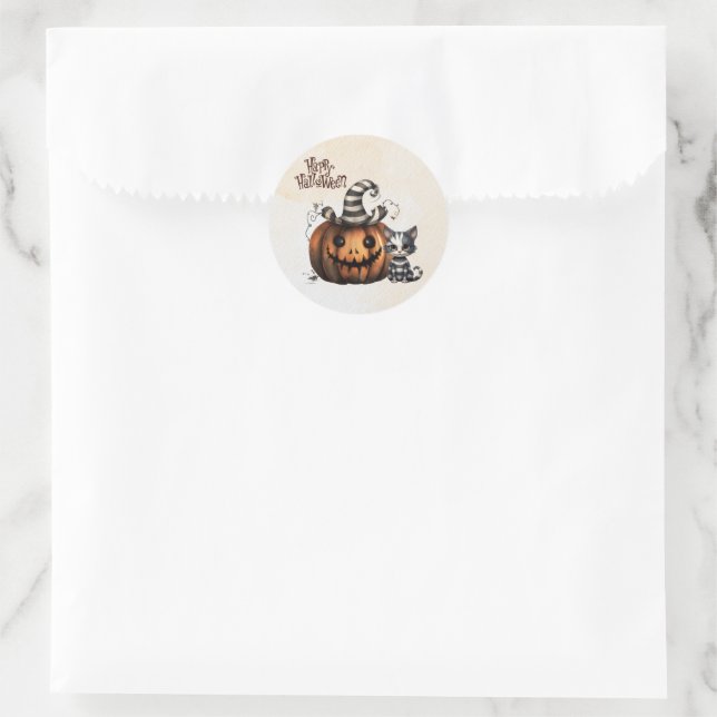 Adorable Spooky Halloween Kitten  Classic Round Sticker (Bag)