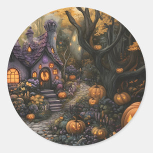 Adorable Spooky House and Halloween Pumpkin Patch Classic Round Sticker