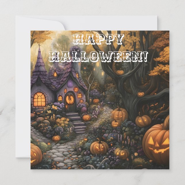 Adorable Spooky House and Halloween Pumpkin Patch Holiday Card (Front)