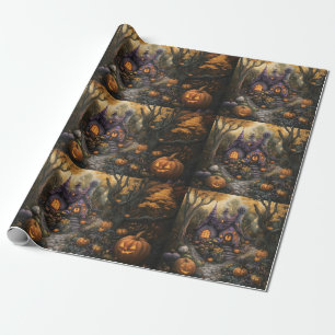 Adorable Spooky House and Halloween Pumpkin Patch Wrapping Paper