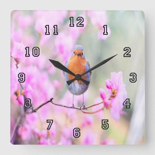 Adorable Spring Bird Square Wall Clock (Front)