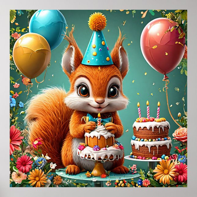 Adorable squirrel Celebrating Birthday Poster (Front)