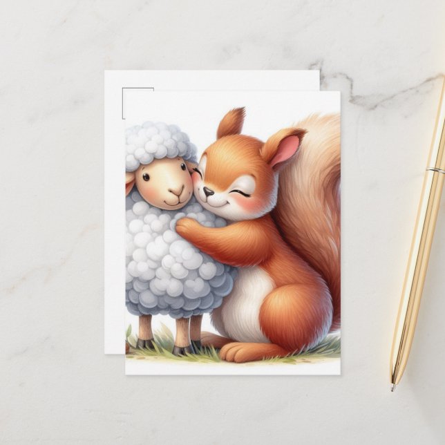 Adorable Squirrel Hugs a Sheep Postcard (Front/Back In Situ)