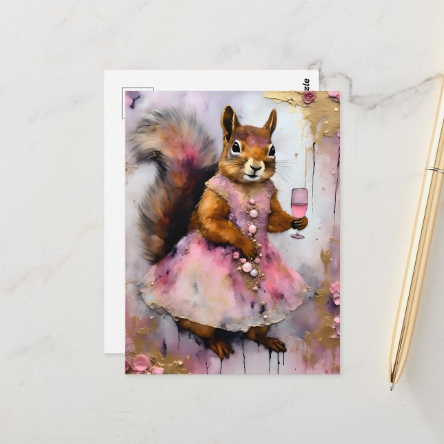 Adorable Squirrel in a Pink Dress with a Drink Postcard (Front/Back In Situ)