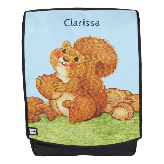 Adorable Squirrel Licking Lips Holding Nuts Acorns Backpack (Front)