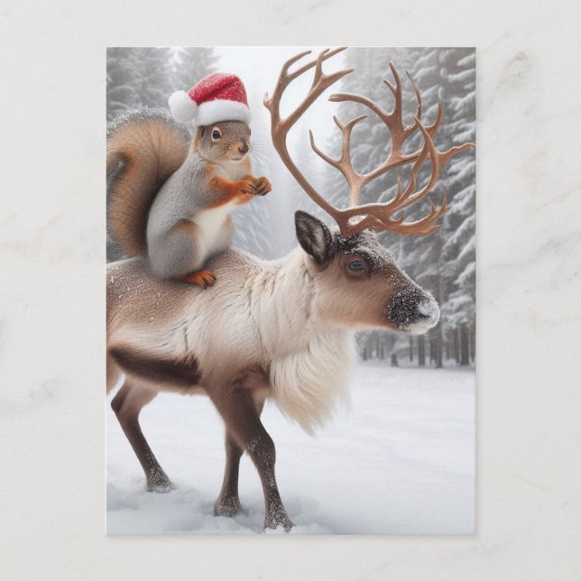 Adorable Squirrel Santa and the Reindeer Postcard (Front)