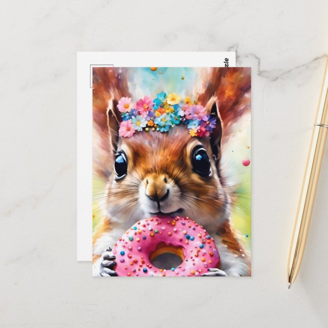 Adorable Squirrel With a Doughnut Postcard (Front/Back In Situ)