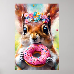 Adorable Squirrel With a Doughnut Poster