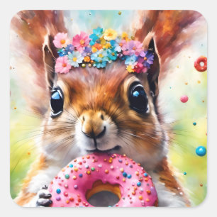 Adorable Squirrel With a Doughnut Square Sticker