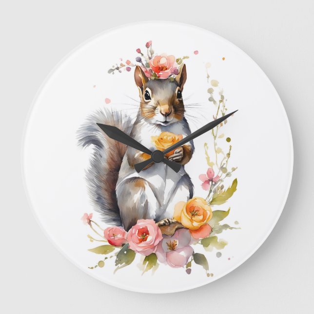 Adorable Squirrel with Spring Flowers  Large Clock (Front)