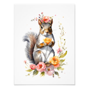 Adorable Squirrel with Spring Flowers Photo Print