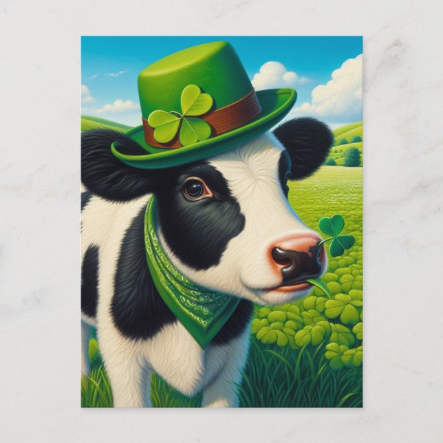 Adorable St. Patrick's Day Black and White Cow Postcard (Front)