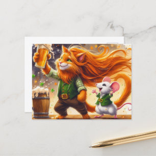 Adorable St. Patricks Day Ginger Cat and a Mouse Postcard