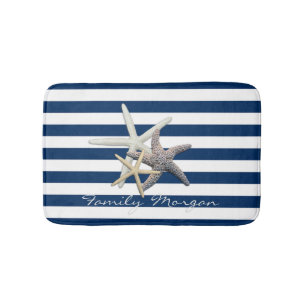 Adorable Starfish ,Navy Blue Stripes-Personalised Bath Mat